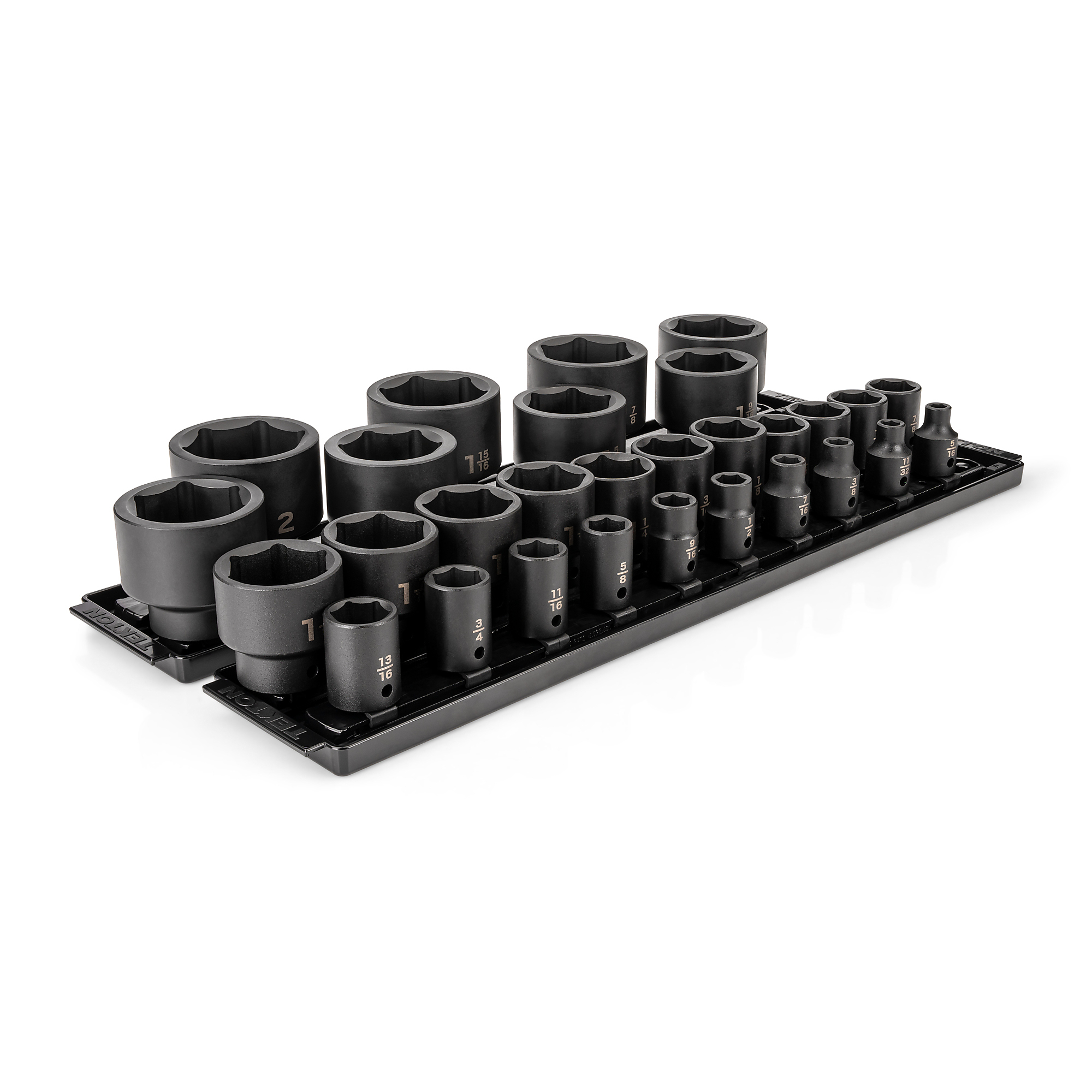 TEKTON 1/2 Inch Drive Shallow 6-Point Impact Socket Set with Rails and Tray, 29-Piece (5/16 - 2 in.) | SID92108